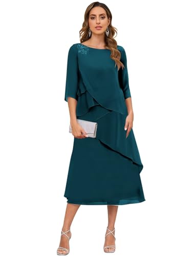 Tea Length A-line Mother of The Bride Dresses 3/4 Sleeve Fall Chiffon Mother of The Groom Dress