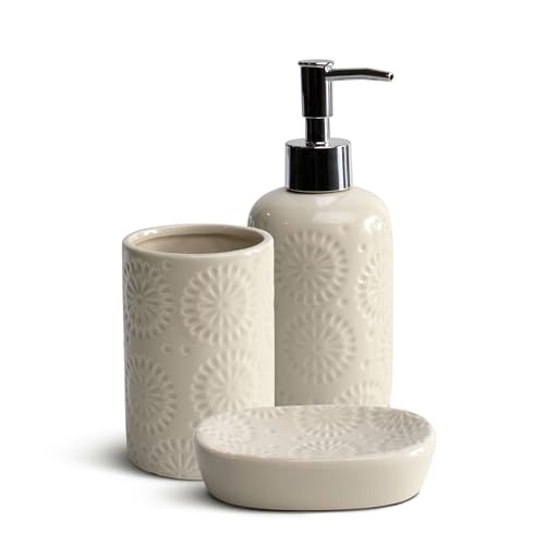 THE SECRET HOME─ Set de Baño de 3 Piezas ─ Conjunto de Acessorios para Aseo de Diseño Moderno─ Juego de Baño con Dispensador de Jabón, Vaso y Jabonera─ Diversos Modelos (Modelo 3- Beige)