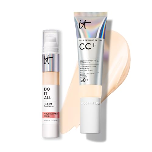 IT Cosmetics CC+ Cream with SPF 50+ Natural Finish Full Coverage Foundation (Fair Ivory - 1.08 fl oz) & Do It All Radiant Concealer Multivitamin Serum Makeup (105 Fairest Warm - 0.2 fl oz)