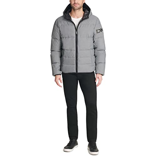 DKNY Men's Water Resistant Ultra Loft Hooded Logo Puffer Jacket (Standard and Big & Tall), New Heather Grey, Small2