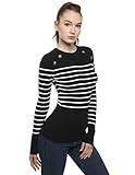 AmélieBoutik Damen-Pullover mit Rundhalsausschnitt, gestreift, Militär-Knöpfe, verziert, Schwarz und elfenbeinfarben, Groß