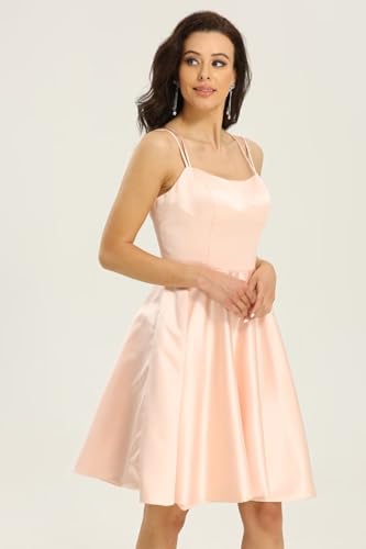 Image of Homecoming Dresses for Teens Knee Length Spaghetti Strap with Pockets Satin Backless Prom Dress