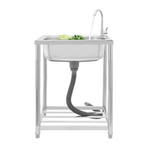 Czyurachel Fregadero de pie de acero inoxidable con grifo giratorio de 360°, fregadero para camping con estante inferior, patas ajustables, 60 x 45 x 82 cm, color plateado