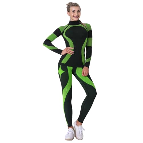 T-peng Sports Thermal Compression Set, Long Sleeve Top and Leggings, Long Johns, Athletic Performance Wear (Lime green and Black, Medium)