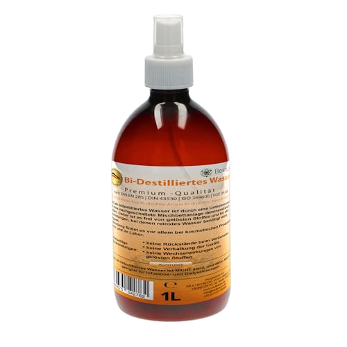 BestLab Agua Bidestilada | Aqua 2 veces destilada - Ideal para el hogar, medicina, laboratorio y electrodomésticos, automóvil o plancha - 2 x 1L con cabezal rociador