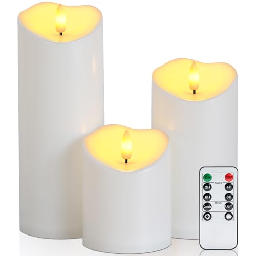 Image of Raycare 3 inchx4 inch6 inch 8 inch Outdoor Waterproof Flameless Candles, Battery Operated LED Candles with Remote Control and Timer, Electric Fake Plastic Pillar Candles, Ivory White, Set of 3