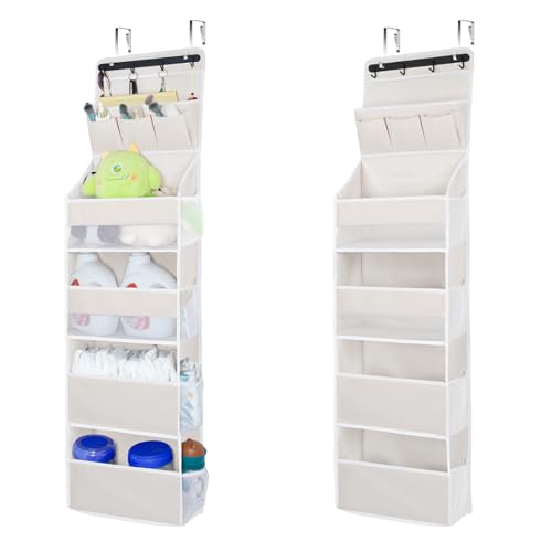 Image of Over The Door Organizer, 5 Large Capacity Pockets Anti Tilt Oxford Fabric Hanging Storage, No-Scratch Hooks, Bathroom Bedroom Pantry Nursery Dorm Laundry Room Space Saving Holds 50lbs(Beige,1 Pack)