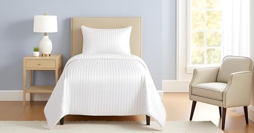Image of 300 TC Glace Cotton Plain Stripe Queen Size Single Bedsheet with 1 Pillow Cover for Home, Hotel, Guest Room (60 X 90) Inch White Pack 1
