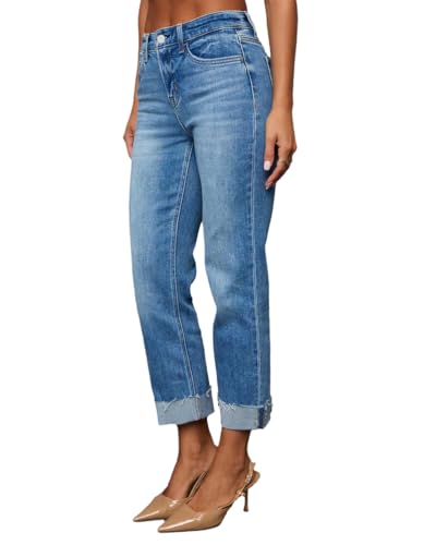 Women's Mid Rise Cropped Boyfriend Jeans Rolled Hem Casual Stretch Straight Leg Denim Pants2