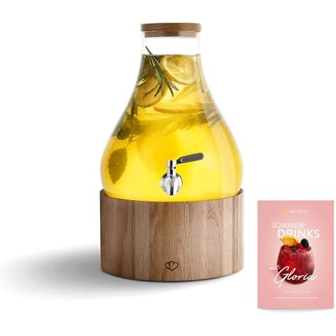 SPRINGLANE Glas Getränkespender 5,5 L Gloria mit Edelstahl-Zapfhahn & Ständer aus Eichenholz, Limonaden-Spender, Vintage Design Mason Jar Cover