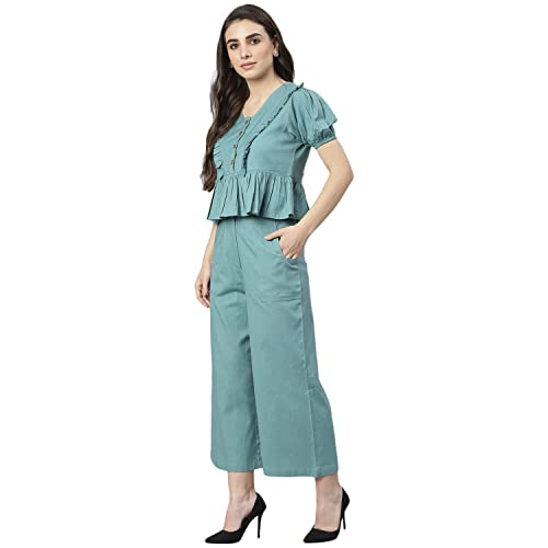 Image of DEEBACO Women's Solid Calf Length Top with Trouser|V-Neck|Short Sleeve|Cord Set for Women Cotton|Jumpsuits Western Dress for Women Stylish|Two Piece Co ord Set|Party Casual Wear(Aqua Blue)