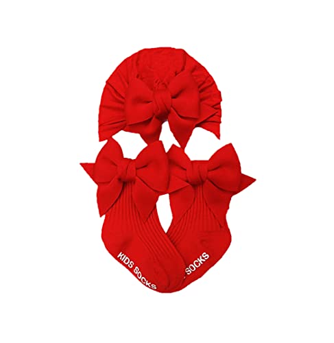 Red Infant Baby Bow Socks Cap Set,Girls Bow Flower Short Socks Warm Hat for Autumn Christmas Newborn Beanies for Girls.(MZ12) - Main Image