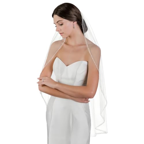 GAODESI Hochzeitsschleier Perlen und Kristalle Perlen Rand 1 Ebene Fingerspitzenlänge Brautschleier V156light Ivory Fingertip length