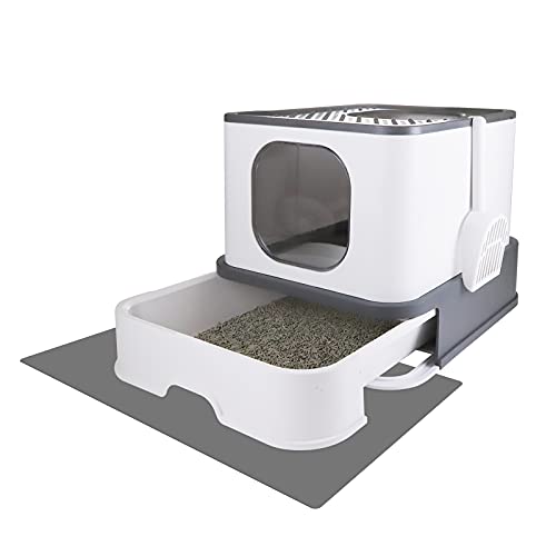 Foldable Cat Litter Box,Large Top Entry Anti-Splashing Litter Box with Lid,Enclosed Plastic Cat Litter Box with Handy Litter Scoop,Drawer Type Cat Toilet Easy Cleaning (Gray)