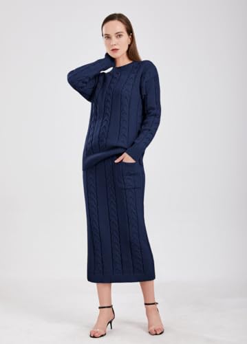Image of chouyatou Women Winter Casual Chunky Cable Knit Long Pencil Skirt 2 Piece Outfit Oversized Pullover Sweater Sets