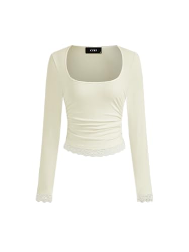 CIDER Crop Tops Square Neck Long Sleeve Top Lace Trim Ruched Tee Slim Fit Going Out Tops Cute Square Neck