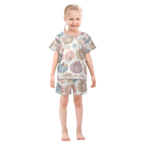Pajama Short Sets Pumpkin Pattern with Autumn Leaves Soft Cotton Summer Sleepwear 2 Piece PJS Size 5-14T4