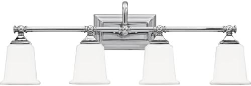 Quoizel Nicholas Vanity Lights, 31 Inch 4-Light Polished Chrome Bathroom Lighting Fixtures Over Mirror, 100W, Opal-Etched Frosted Glass, Mid-Century Wall Mount Light for Bathrooms, Kitchen or Hallway