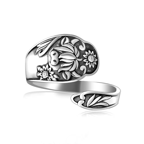 VECIVAL Highland Cow Spoon Ring for Women - 925 Sterling Silver Vintage Cattle Adjustable Rings Open Animal Jewelry Highland Cow Gifts
