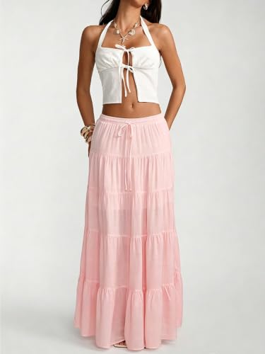 Image of Women's Boho Maxi Skirt Ruffle Flowy Low Rise A Line Beach Long Skirts | Flared Ruffle, Elastic Waist, Summer Vacation Skirts