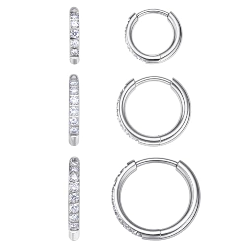 VOJO Moissanite Titanium Huggie Hoop Earrings for Women 3 Pairs Set Hypoallergenic 14K Gold and Silver Small Tiny Cartilage Earrings (White Gold)