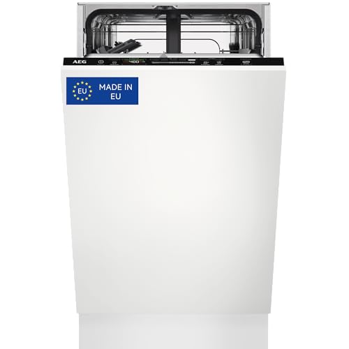 AEG FSE62417P Lavavajillas de Integración AirDry 9 cubiertos, Desconexión automática, Beam On Floor, 7 programas a 4 temperaturas, Motor Inverter, 44 dBA, Blanco, 45 cm, Clase E