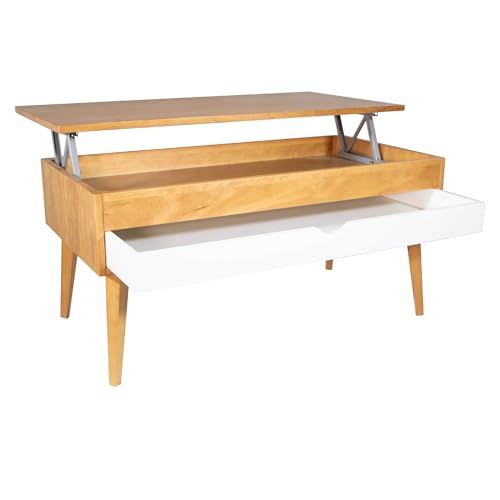 LoMasCasa - Mesa de Salon de Centro Colección Sonka 19 Elevable con Cajón Deslizante de Madera Natural Maciza Disponible en Color Madera de Cerezo y Blanco con Pata Conica - 100x50x48 cm