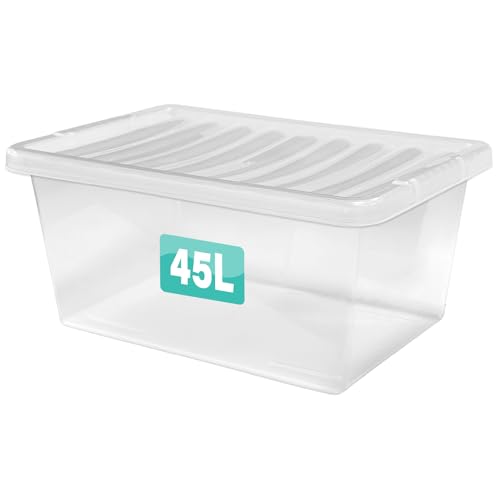 Optimal Products 1 x 45 Litre Clear Plastic Storage Box With Lids UK BRITISH MADE Home Office Stackable Transparent Plastic Boxes Size 5 11 24 28 35 45 62 Litre