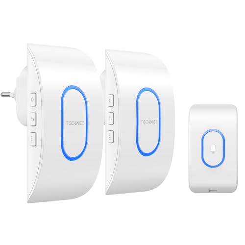 TECKNET Sonnette sans Fil Exterieur Etanche avec 2 Récepteurs, Portée de 400M, IP65 Etanche Carillon, 60 Mélodies et 5 Niveaux Volume, Indicateur LED Bleu,...