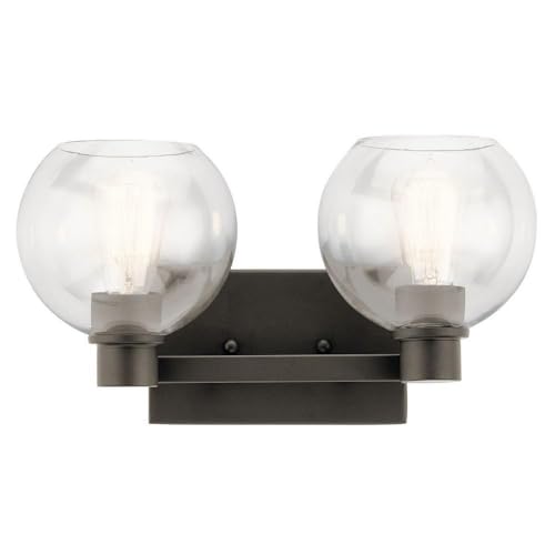 Image of Kichler Harmony 2-Light Bathroom Vanity Light Fixture, 15.5 inch Steel Bath Light with Curved Arms and Sculpted Sockets in Olde Bronze for Damp Locations Over Mirror, 45887NI