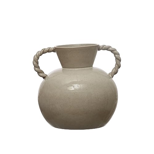 9.25 Inches Stoneware Vase with Twisted Handles and Reactive Glaze, Cream Color