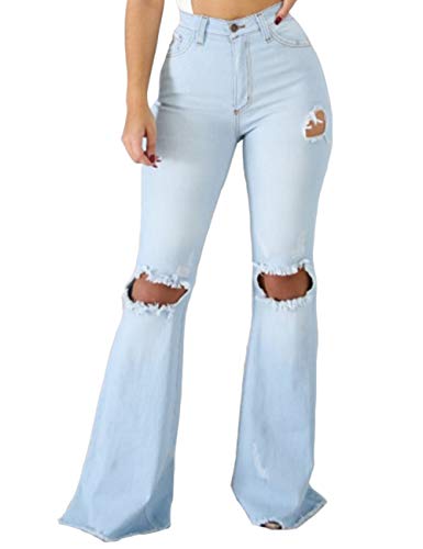 Women's High Rise Knee Ripped Flared Jeans Trousers Washed Stretch Distressed Wide Leg Denim Jeans Pants