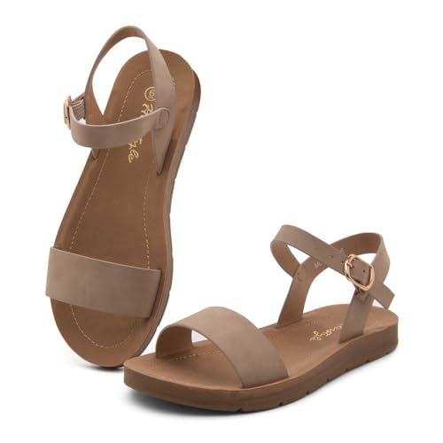 Image of Herstyle Flat Sandals for Women - Open Toe 1 Band Ankle Strap Summer Dressy Sandals, Lightweight Casual Strappy Slip-On Flats with Adjustable Buckle
