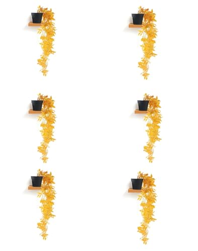 Image of PAPERI Artificial Hanging Plant for Home Decor - Balcony Decoration Items, Fake Plant, Plastic Vine Leaves with Pot, Long Green Leaf Vines for Living Room, Wall, Window (Yellow, Pack of 6)