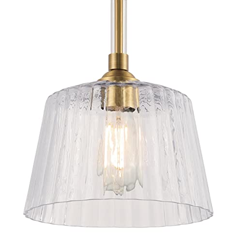 Image of Westinghouse 6130200 Aggie Transitional One Light Indoor Pendant, Brushed Brass Finish, Clear Ribbed Glass