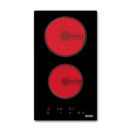 Svan Placa Vitrocerámica Cristal negro, SV2302. 2 Zonas de Cocción, 3000 W, 9 Niveles de Cocción, Control táctil, Autodesconexión de Seguridad, Bloqueo de panel, Temporizador