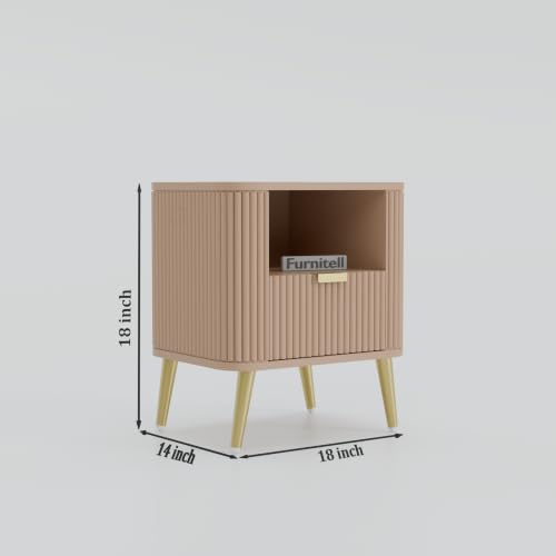 Image of Premium HDMR Wood Bedside Table with 1 Drawer & Open Storage Shelf, Fluted Nightstand with Golden Legs for Bedroom, Modern End Table, for Living Room | Taupe Finish, Set of 2