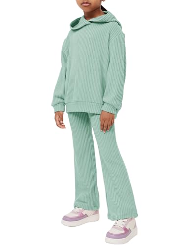 Image of Haloumoning Girls 2 Pieces Outfits Ribbed Knit Hoodies Flare Pants Sweatshirts and Sweatpants Kids Tracksuits 4-14 Years