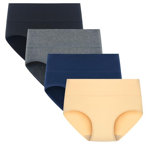 POPKOK Womens Plus Size Underwear Cotton Briefs High Waisted Full Coverage Panties(Small, Black/Dark Hemp Grey/Dark Blue/Beige)