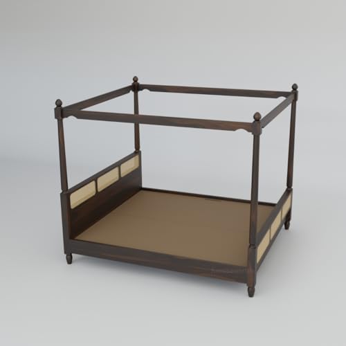 Image of King Size Four Poster Bed Sheesham Wood, Wooden Double Bed Cot, Solid Wood Bed Furniture for Bedroom (Rattan-Walnut-King) 1 Year Warrenty