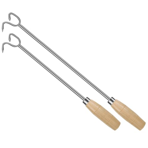 Garneck Meat Turning Hooks Stainless Steel Meat Flipper with Wood Handle Bbq Food Turner Roasting Sticks