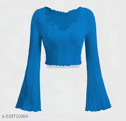 Image of V-Neck Notched Flared Sleeve Top for Women | Stylish Polyester Long Sleeve Blouse for Casual Wear 450