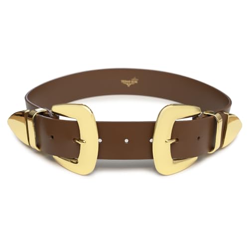 Texas Sun Double Buckle Western Waist Belt for Women – Boho Cowgirl Waist Belt – Leather Belt for Dresses, Country Concerts Outfits - Brown, Medium