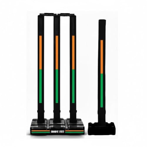 Image of Bodyfit Heavy Cricket Stumps | PVC Wickets Set with 4 Stumps + 2 Bails + 2 Stands | Full Size Wickets for Cricket Ground, Tournament Wicket. (Black-Ora-Green)