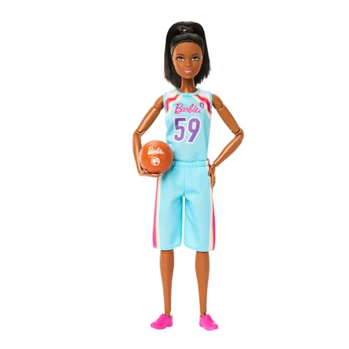 Barbie Made to Move Puppe und Accessoires, brünette Basketballspielerin mit abnehmbarem Sportdress mit Ball, 22 bewegliche Gelenke, HKT74