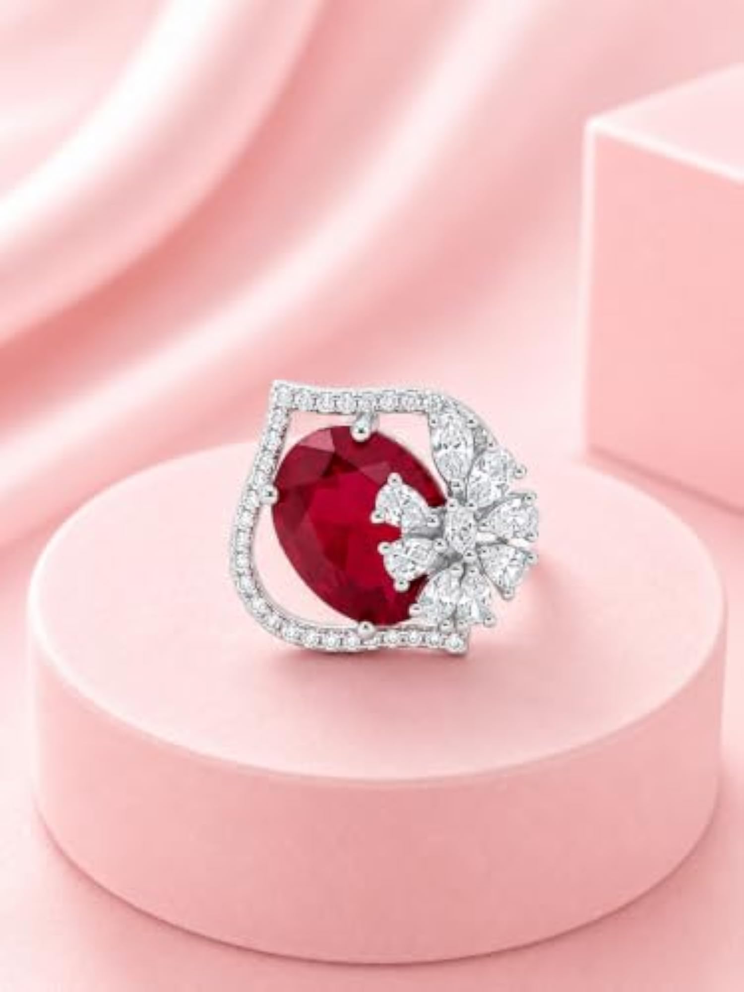 Women's Red Oval Statement Ring, Floral CZ Design