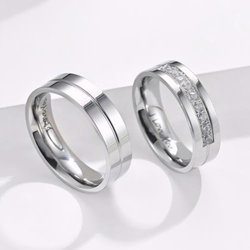 His & Hers Couple Ring Promise Ring Stainless Steel Couple Wedding Engagement Bands Cubic Zirconia CZ Band for Women Men Lovers Matching Princess Cut Bridal Jewelry Gifts Comfort Fit Size 5-144