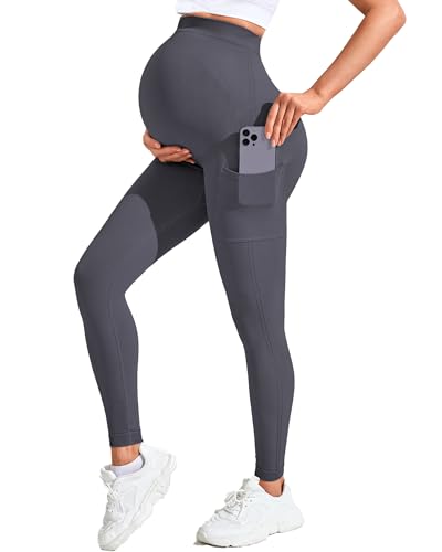 QSHOW Women’s Maternity Leggings with Pockets Over The Belly Pregnancy Leggings for Women Buttery Soft Yoga Pants Stretch Grey Workout Sweatpants