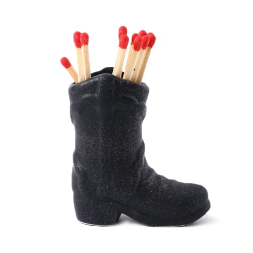 Cowboy Boot Match Holder, Ceramic Match Box for All Matches, Match Jar for Bathroom, Kitchen, Cute Matchstick Holder for Home Decor (Matches NOT Included) (Black)