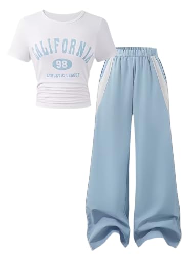 GOLLUNER Sizes 8-15 Years Girls 2 Piece Outfits Short Sleeve Letter Print Top＋Wide Leg Pants with...